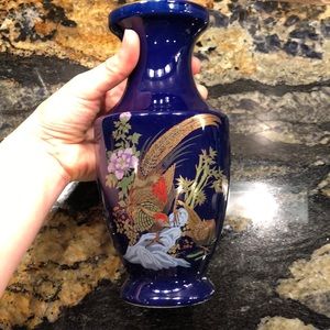 cobalt ceramic vase with hand painted pheasants